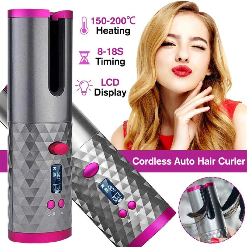 Cordless Rechargeable Automatic Hair Curler - Pink_0